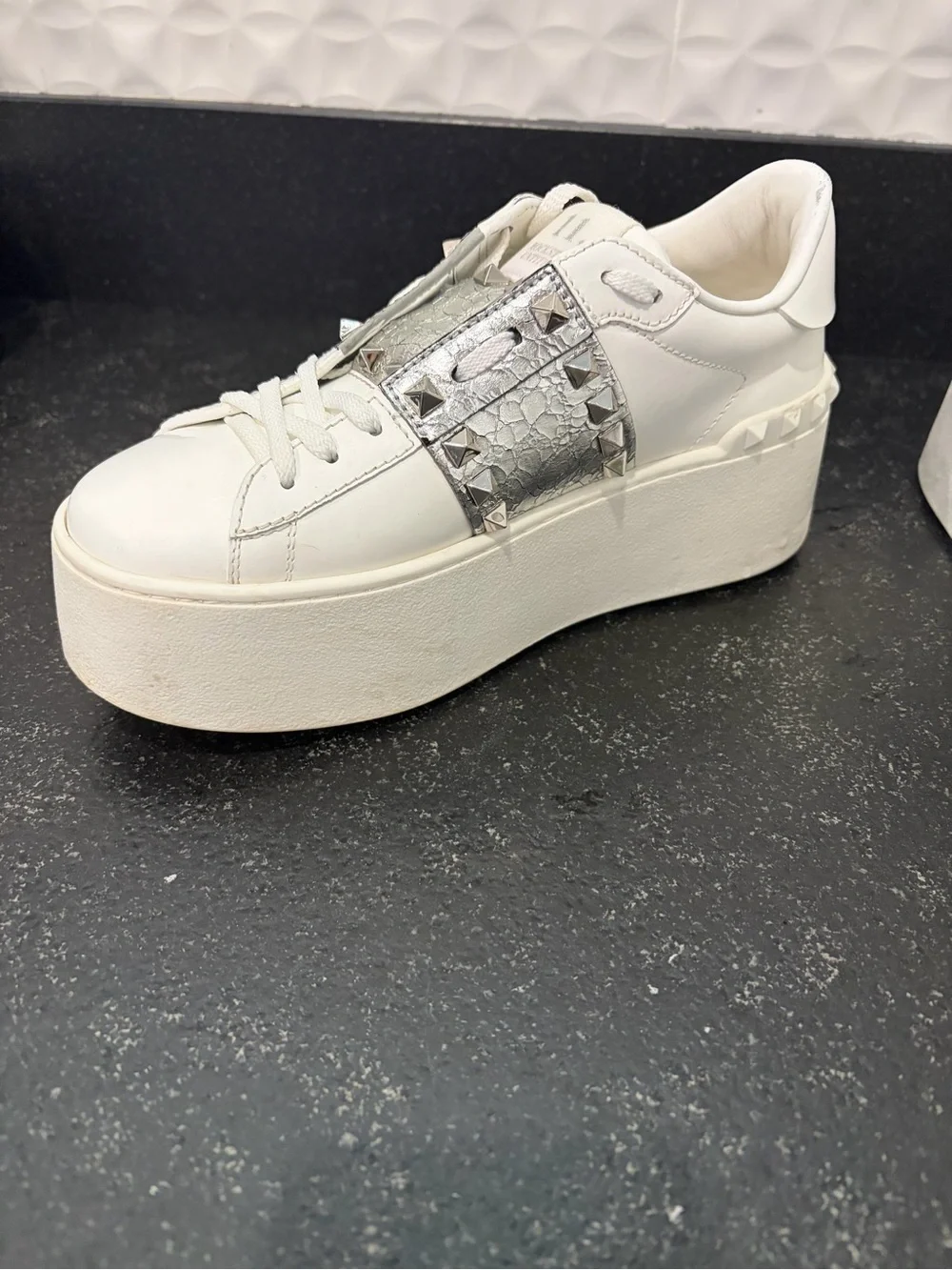 Valentino Garavani White Platform Sneakers with Silver Stud Accent